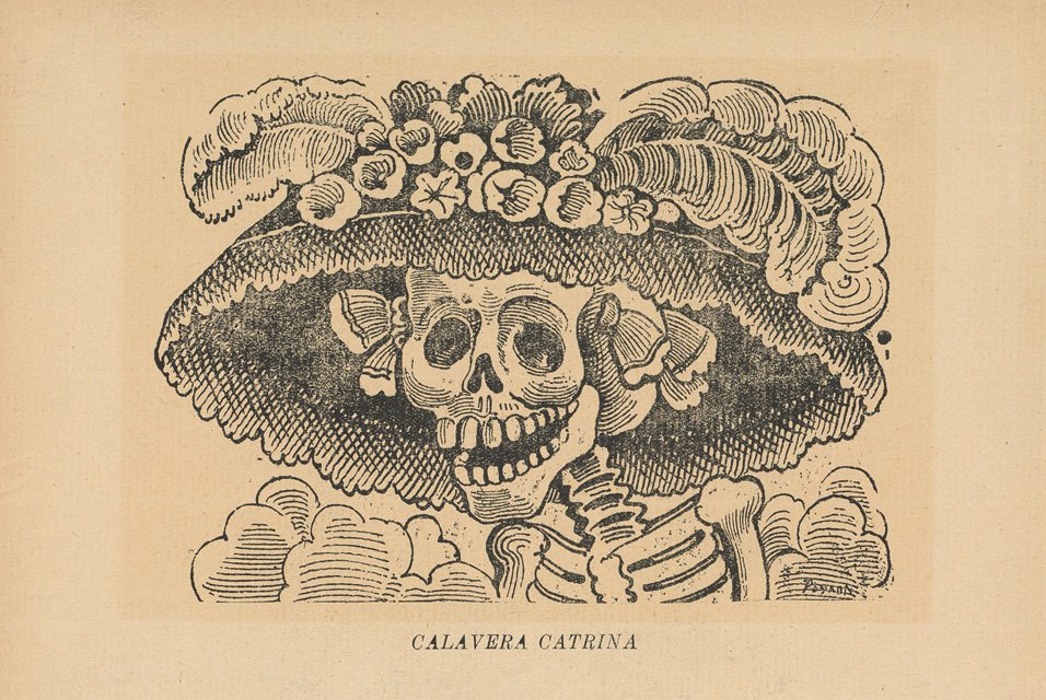 Calavera de José Guadalupe Posada con un gran sombrero adornado con flores y plumas