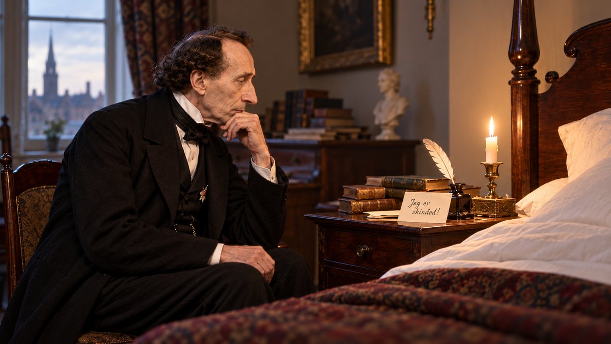 Recreación de Hans Christian Andersen sentado junto a una cama y una mesilla con el aviso «Jeg er skindød!».