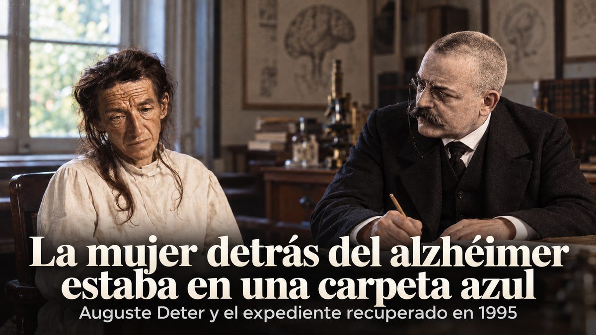 Auguste Deter y Alois Alzheimer en una recreación de consulta, con el titular La mujer detrás del alzhéimer estaba en una carpeta azul