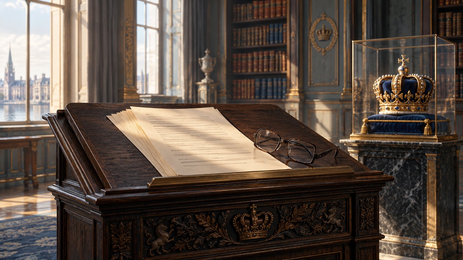 Atril con un discurso y unas gafas, junto a una corona en una biblioteca palaciega.