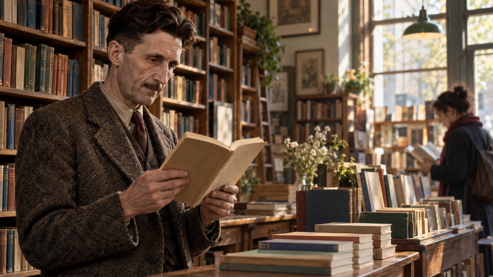Recreación editorial de George Orwell leyendo en una librería, con libros y una lectora al fondo.