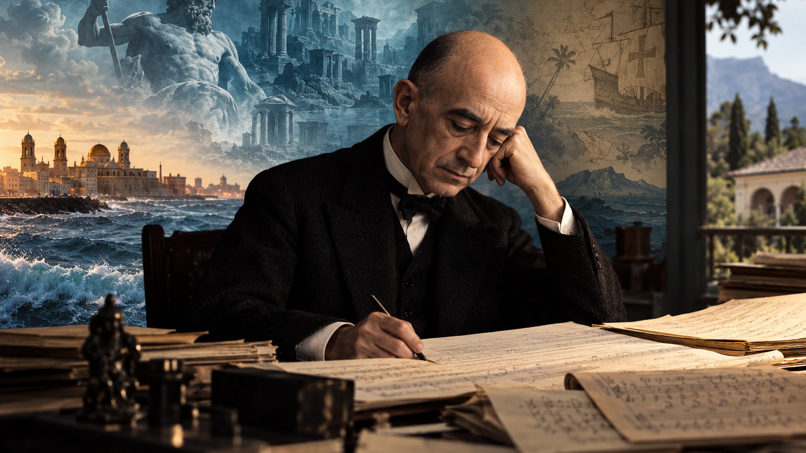 Recreación editorial de Manuel de Falla componiendo entre partituras, con el océano de Cádiz y la Atlántida mitológica al fondo.