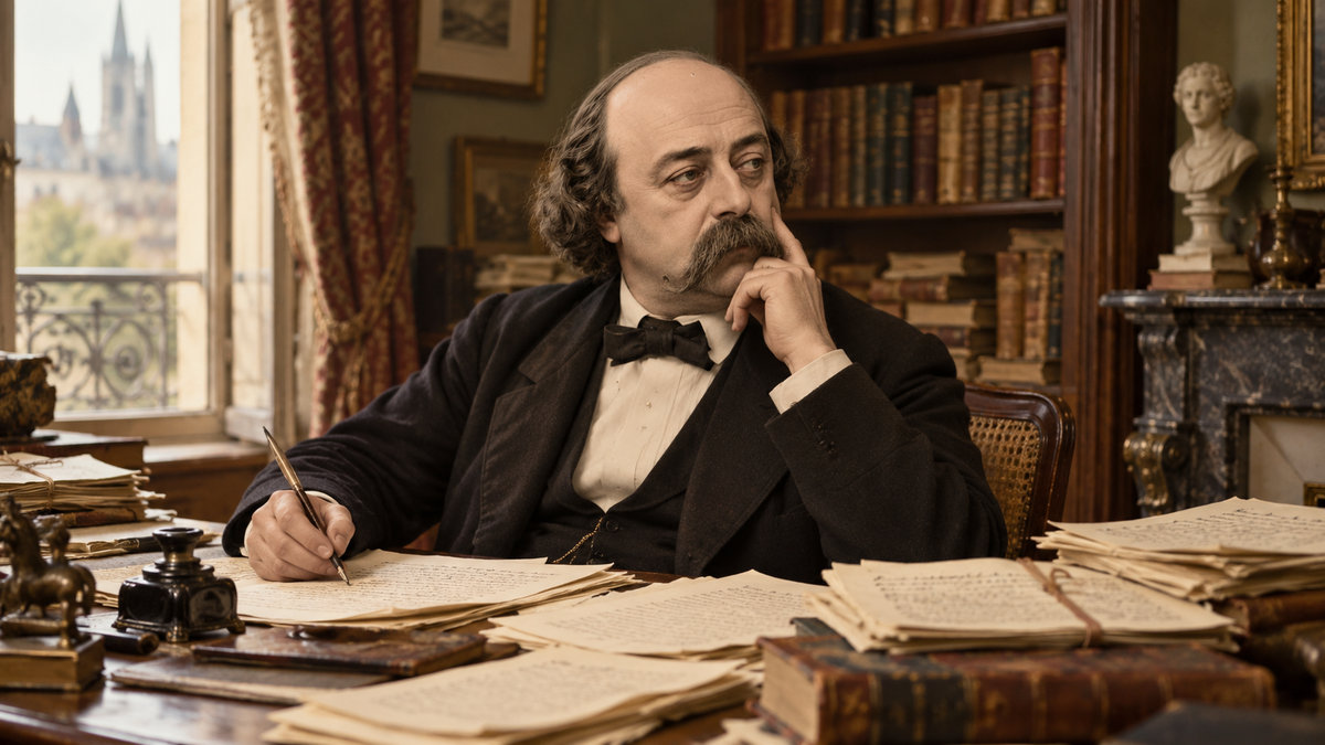 Gustave Flaubert en su escritorio, rodeado de libros y manuscritos, en una recreación de época