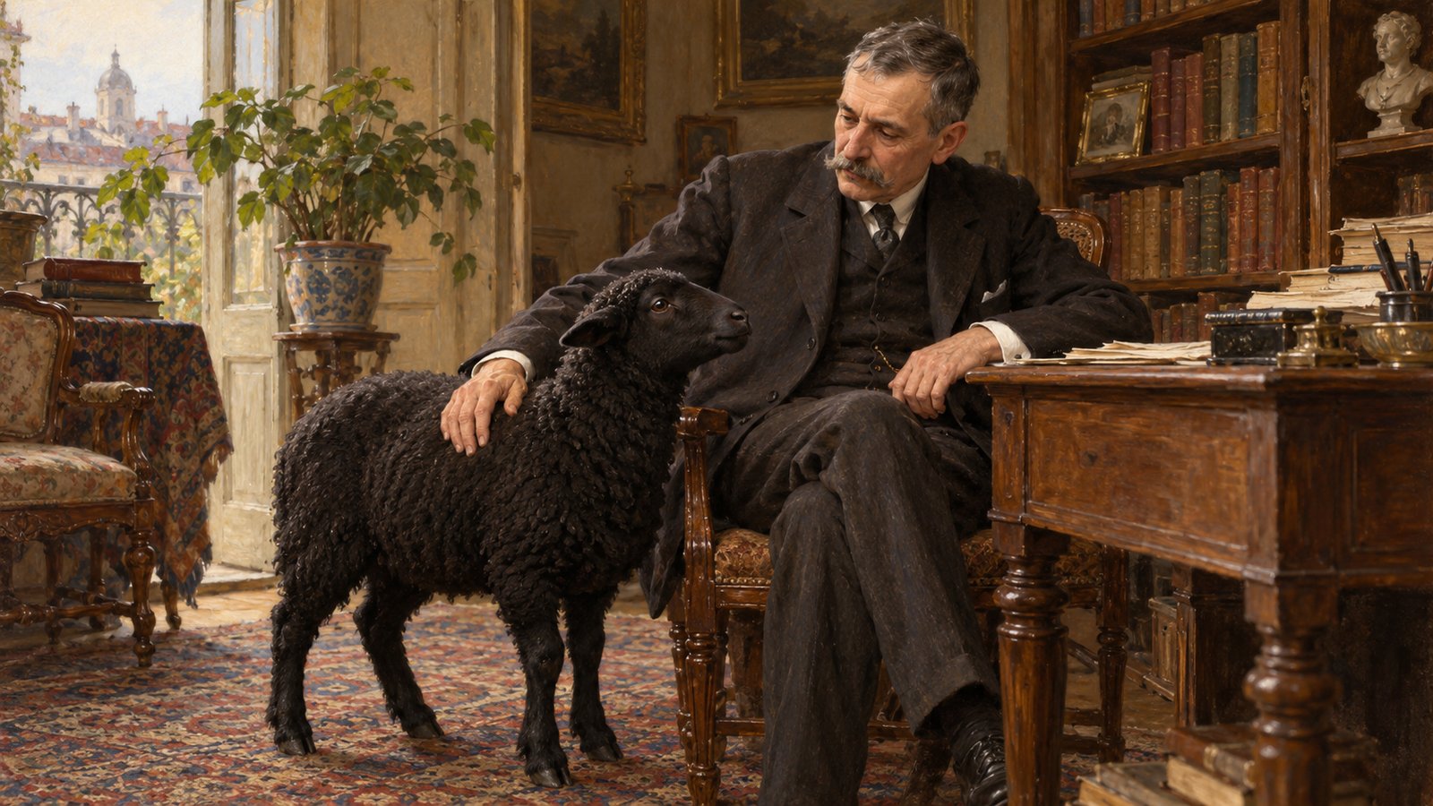 Ilustración de Benito Pérez Galdós junto a la oveja negra Mariucha en su estudio.