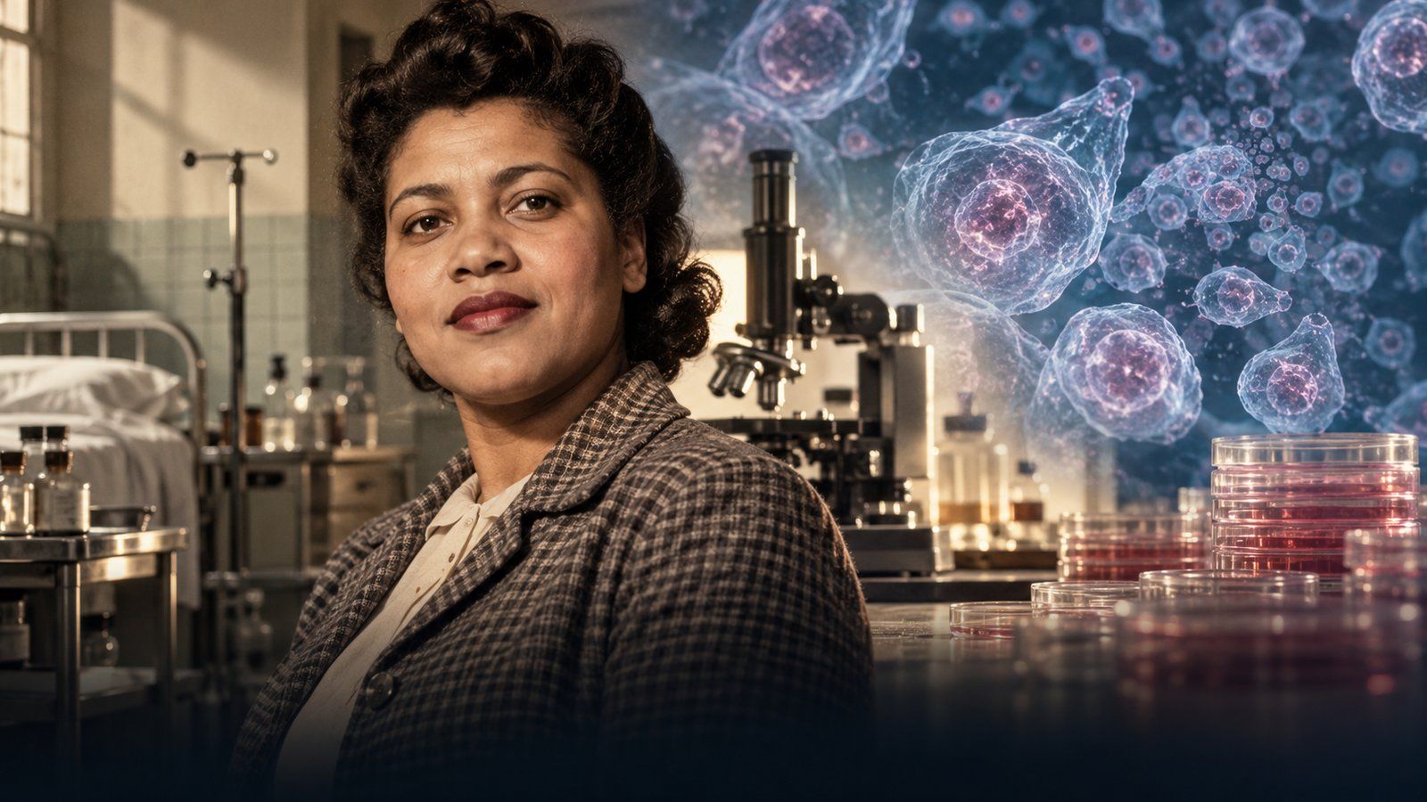 Henrietta Lacks ante un laboratorio y cultivos de células HeLa