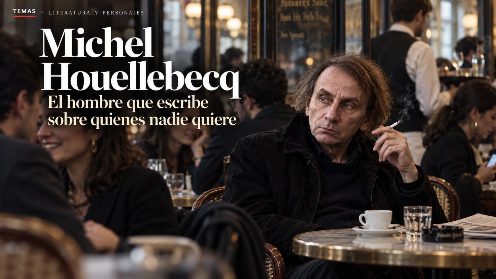 Michel Houellebecq sentado en un café concurrido