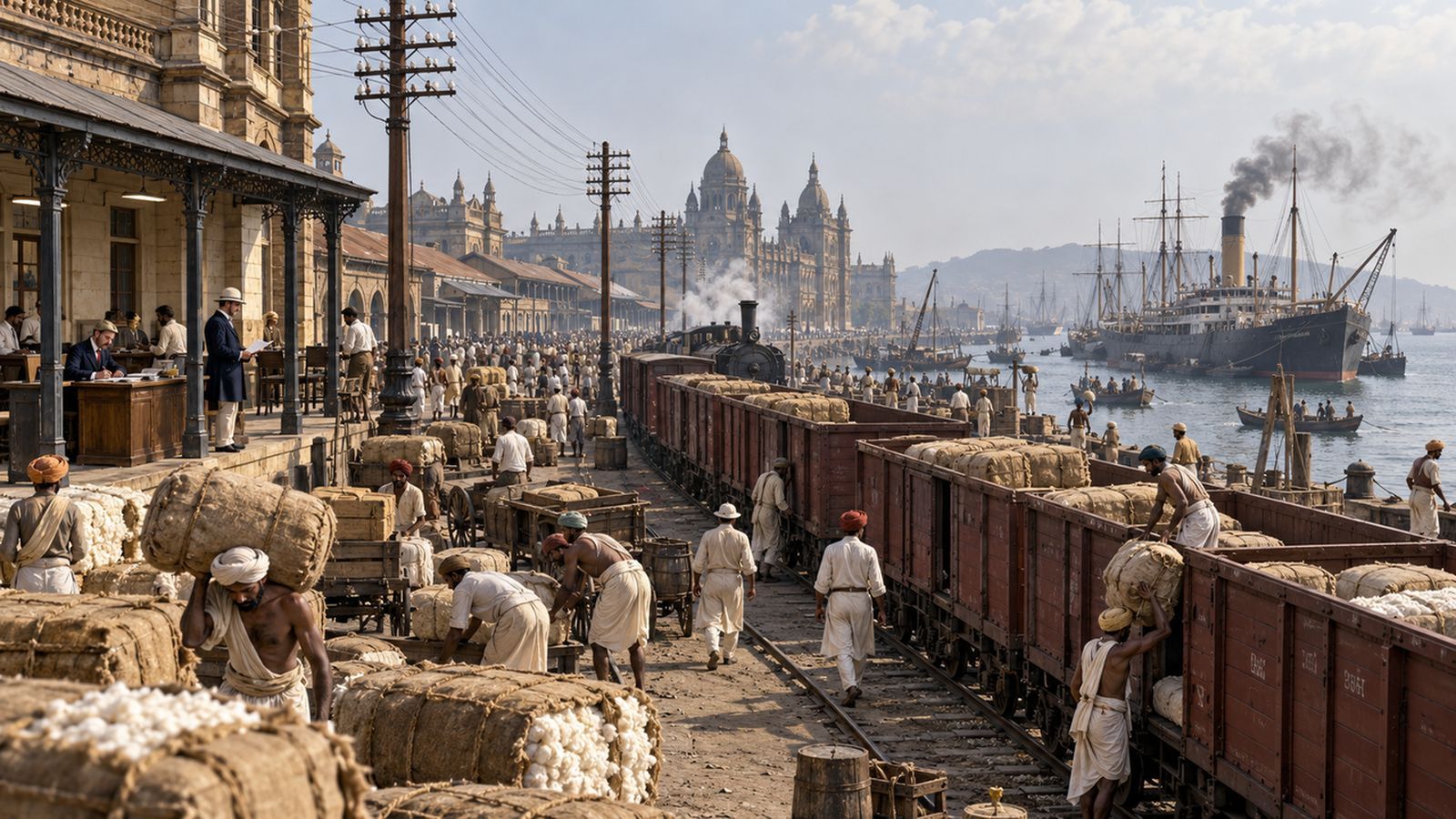 Puerto, ferrocarril y telégrafo en Bombay durante el dominio británico