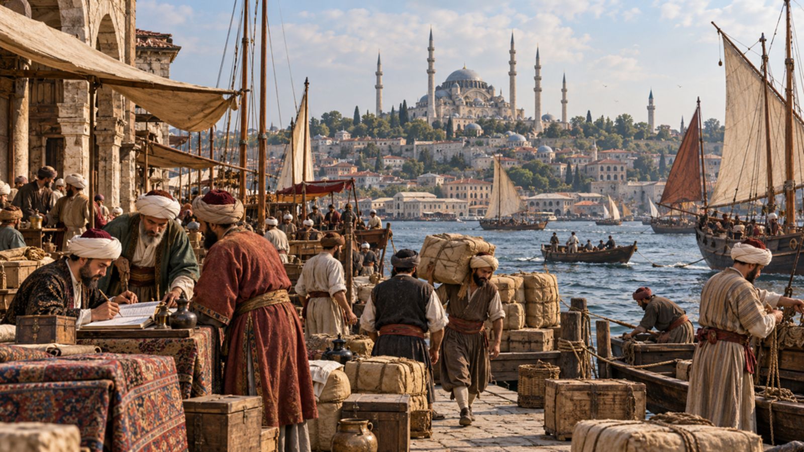 Comercio en un muelle de Estambul durante el siglo XVI