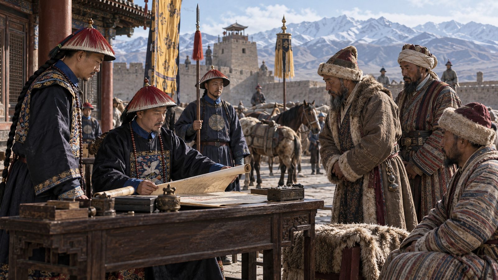Funcionarios y enviados locales en un puesto del Imperio Qing