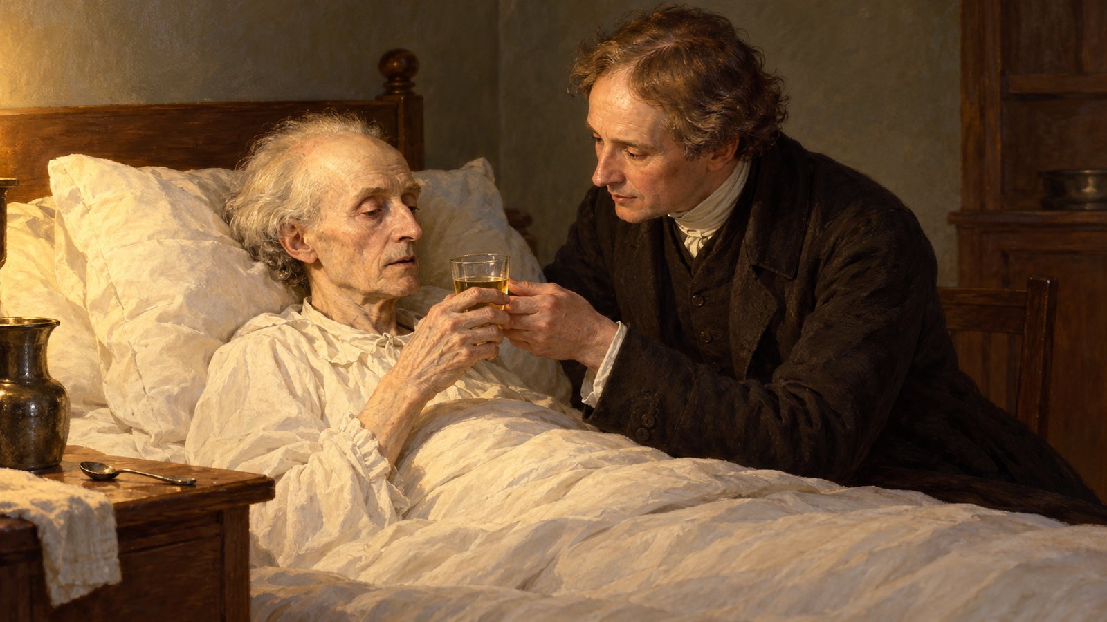 Recreación ilustrada de Immanuel Kant en su lecho mientras Wasianski le ofrece un vaso de vino con agua.