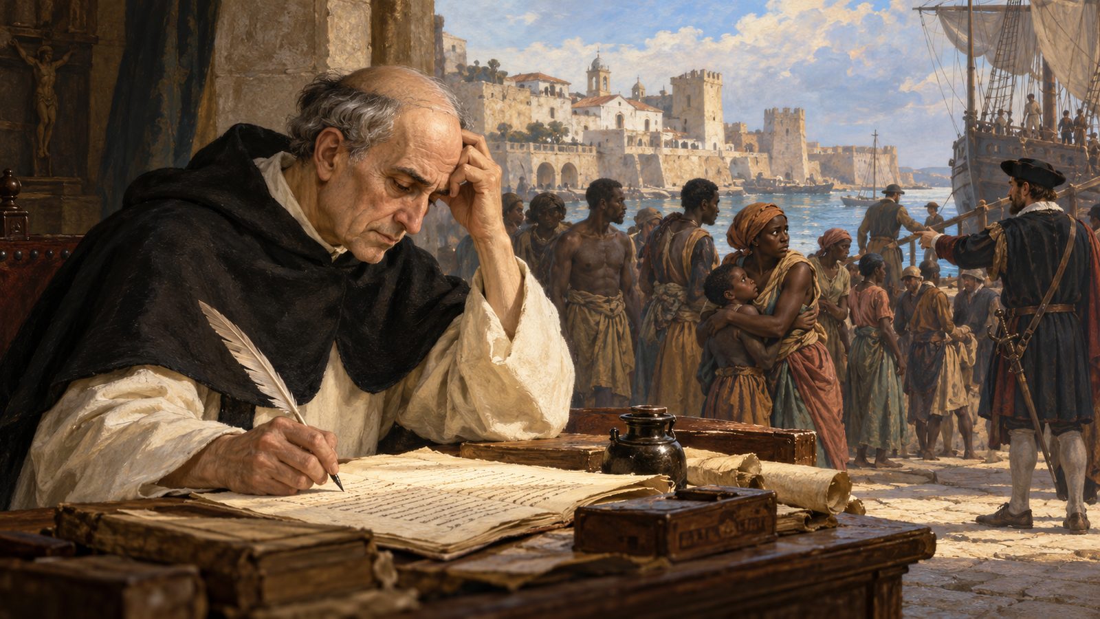 Ilustración de Bartolomé de las Casas escribiendo ante una evocación del reparto de cautivos africanos en Lagos.