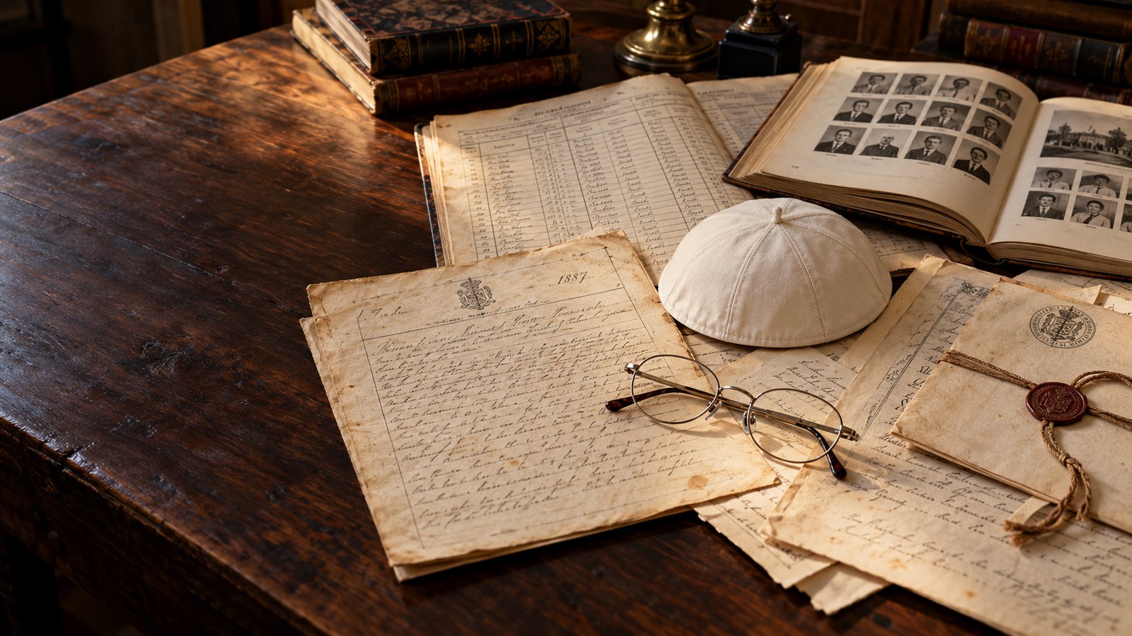 Actas, censos, un anuario y unas escrituras sobre una mesa de archivo, con un solideo blanco.