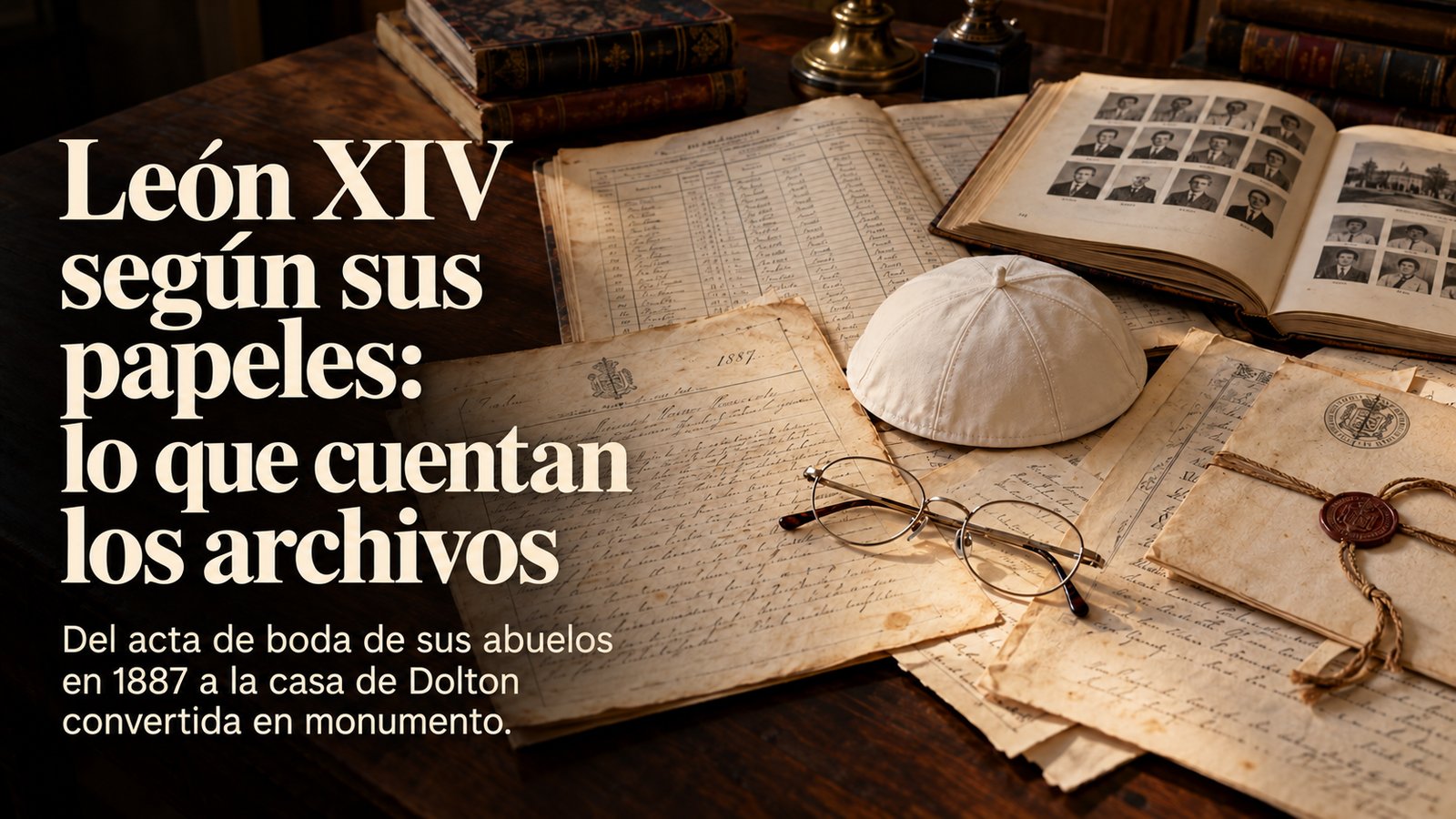 León XIV según sus papeles: lo que cuentan los archivos. Documentos de archivo con un solideo blanco.