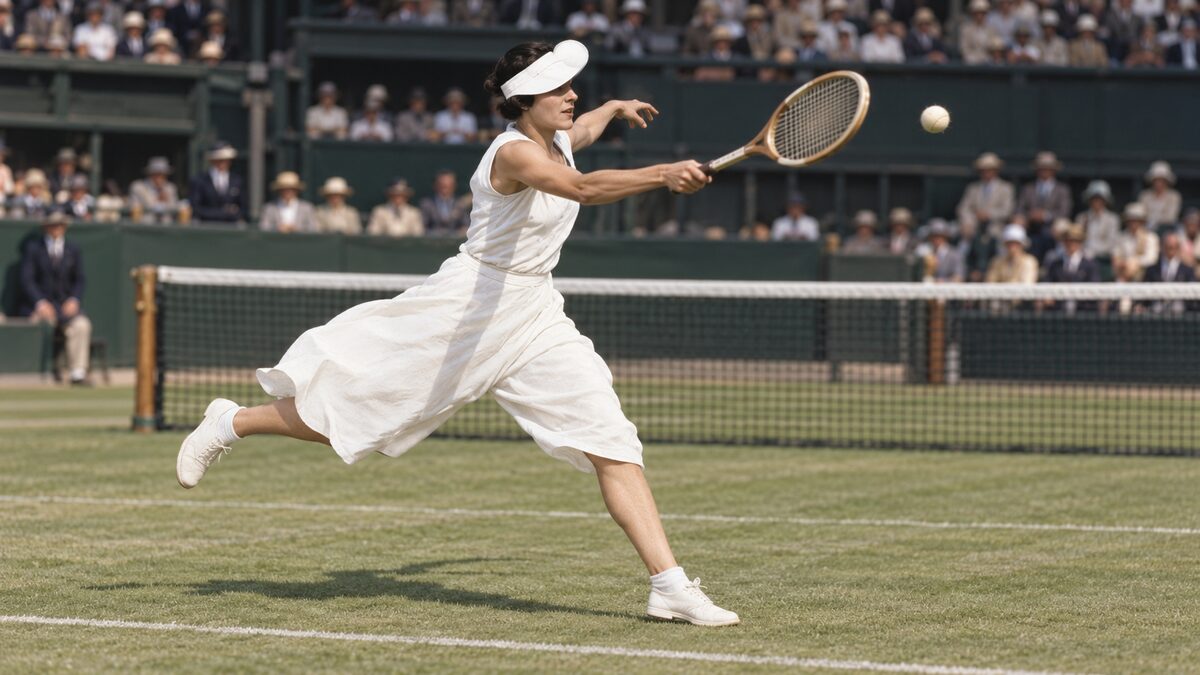 Recreación de Lilí Álvarez disputando un partido en Wimbledon en 1931 con falda-pantalón blanca