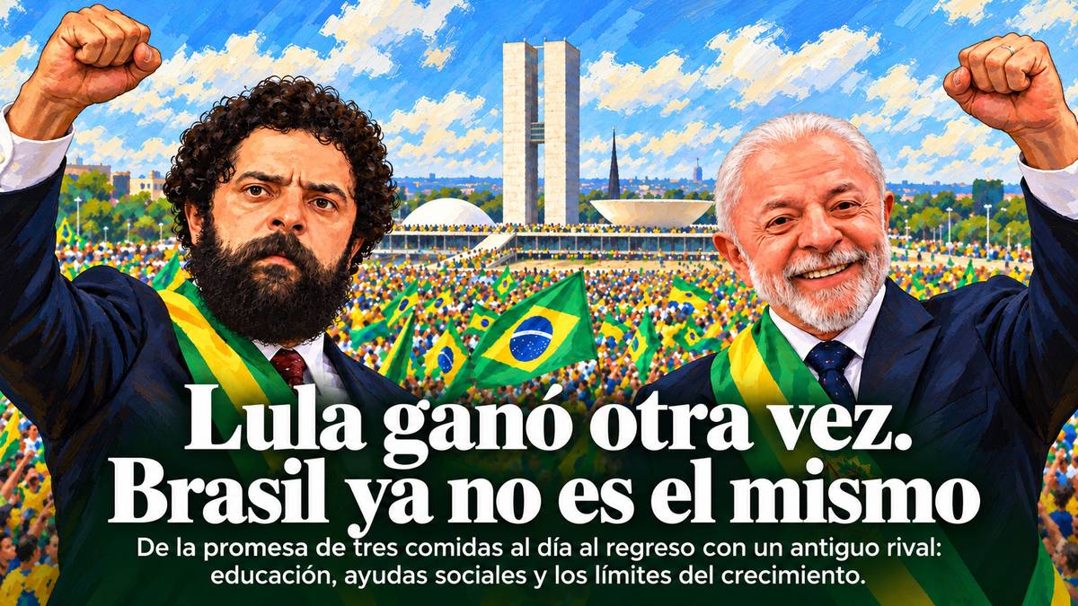 Lula joven y actual ante una multitud brasileña, con el título «Lula ganó otra vez. Brasil ya no es el mismo».