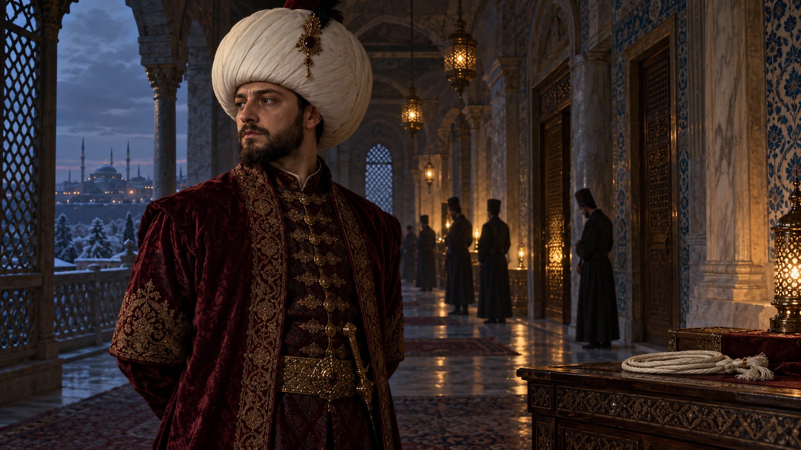 Recreación de Mehmed III en un palacio otomano, con un cordón sobre una mesa en primer plano