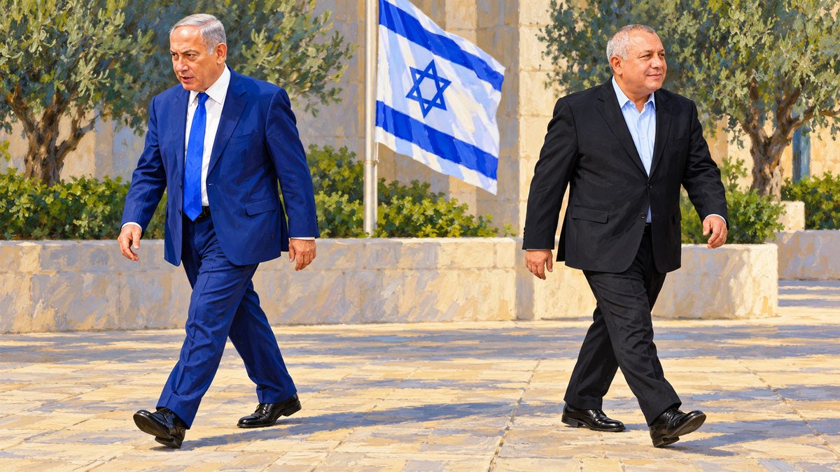 Netanyahu y Eisenkot caminando en direcciones divergentes ante la bandera de Israel.