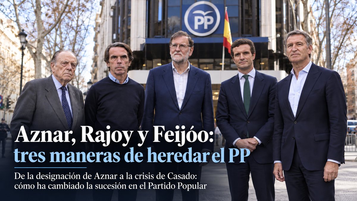 Montaje de Fraga, Aznar, Rajoy, Casado y Feijóo ante la sede del PP en Génova, con el título «Aznar, Rajoy y Feijóo: tres maneras de heredar el PP».