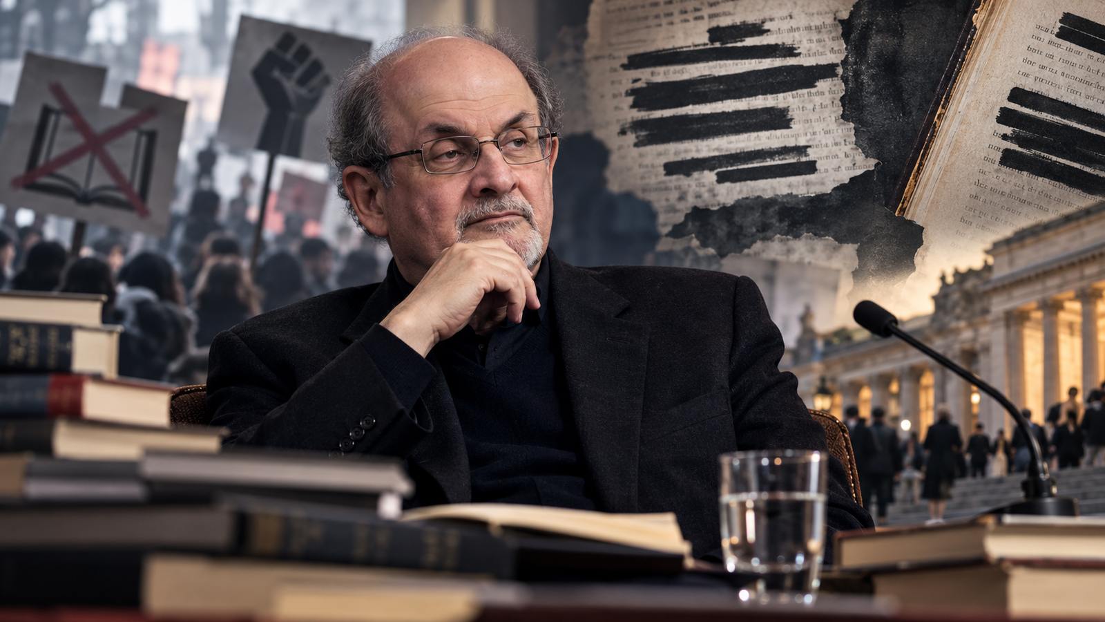 Salman Rushdie ante libros y símbolos de censura, libertad de expresión