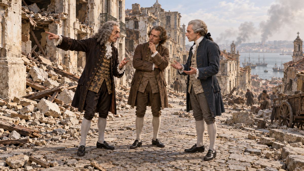 Recreación imaginaria de Voltaire, Jean-Jacques Rousseau e Immanuel Kant conversando de cuerpo entero entre las ruinas de Lisboa, con el Tajo al fondo.
