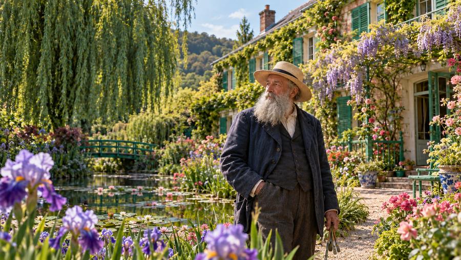 Claude Monet en el jardín de su casa de Giverny