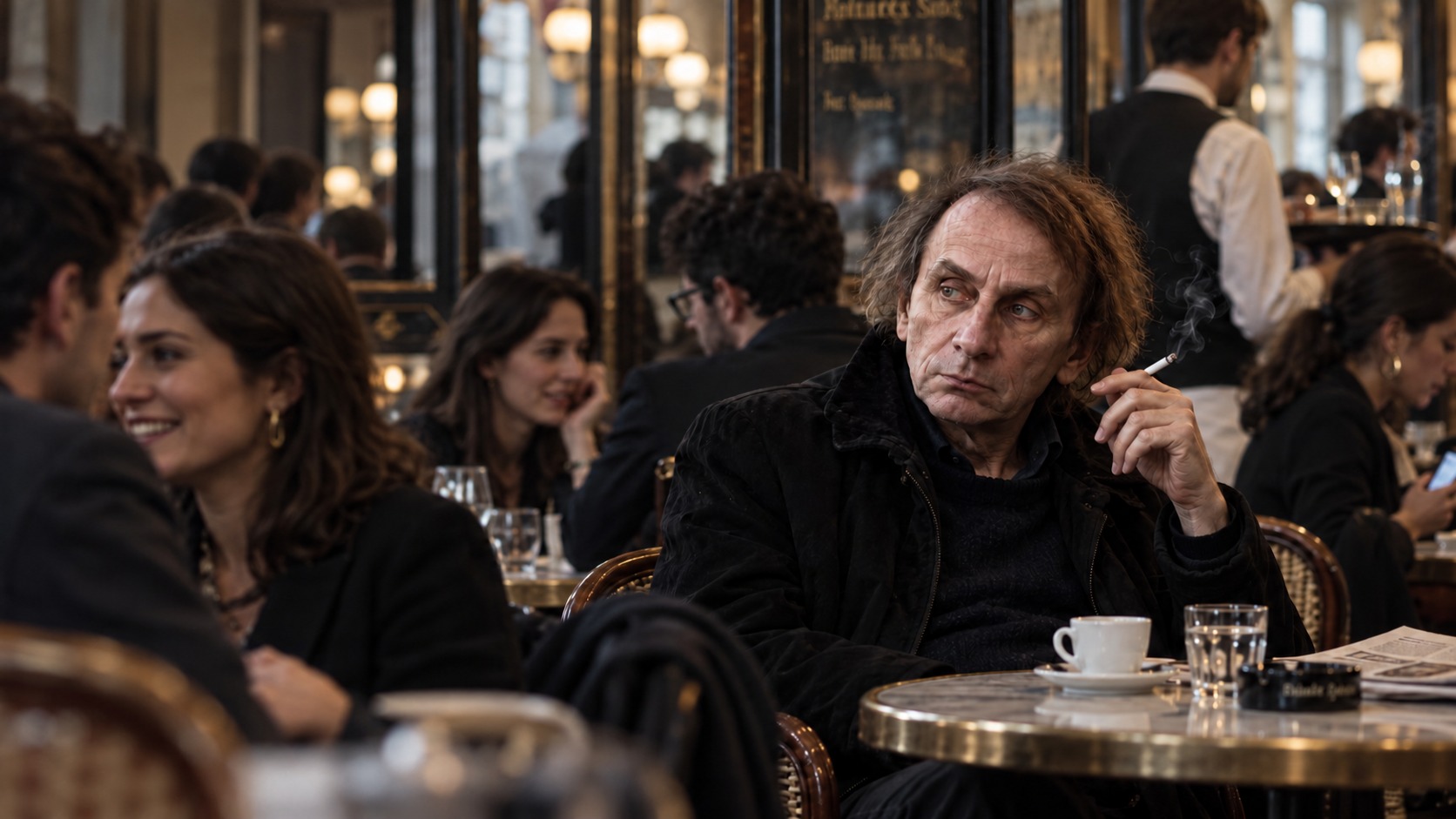 Michel Houellebecq sentado en un café concurrido
