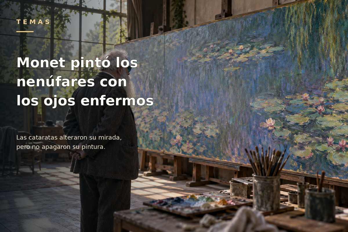 Monet en su estudio de Giverny frente a los nenúfares; imagen de portada con titular integrado. Recreación ilustrativa.