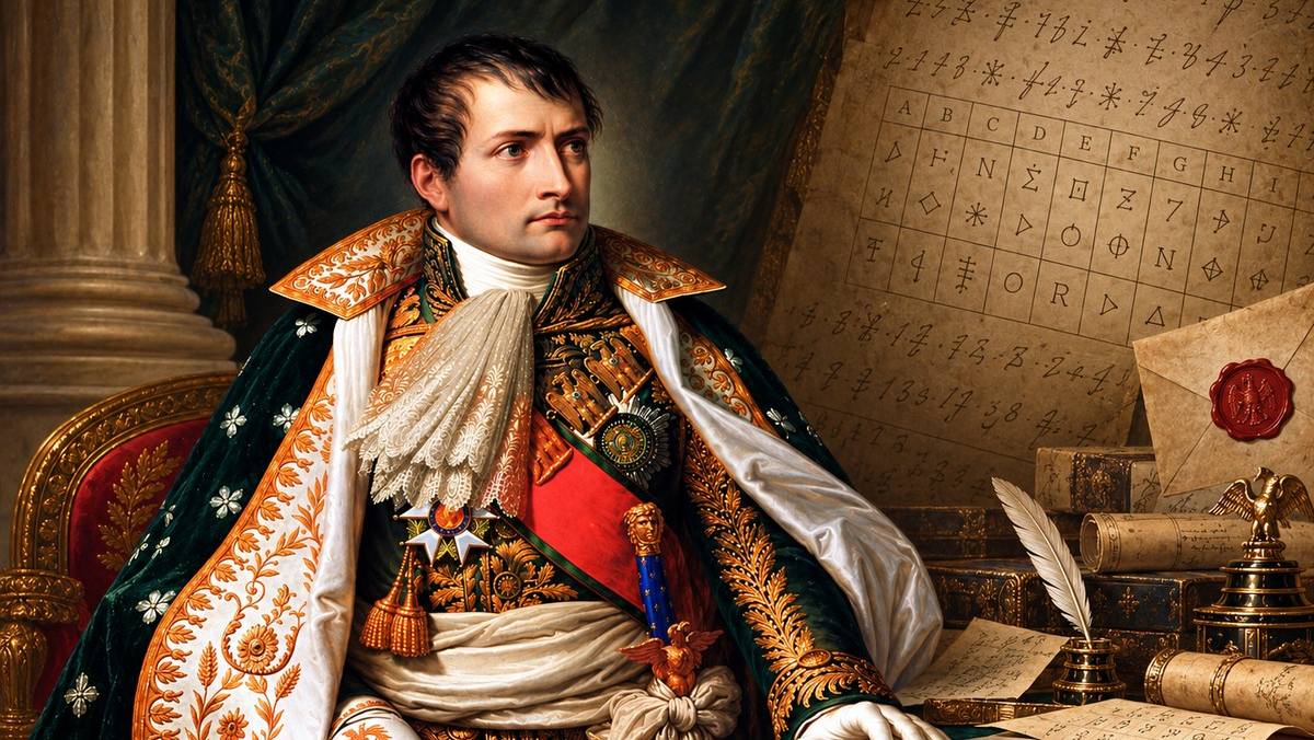 Napoleón Bonaparte junto a documentos cifrados, composición horizontal ilustrativa basada en un retrato histórico