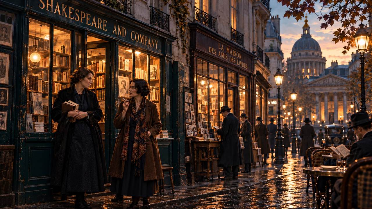 Recreación de la rue de l’Odéon con Sylvia Beach y Adrienne Monnier frente a sus librerías, sin rótulos integrados
