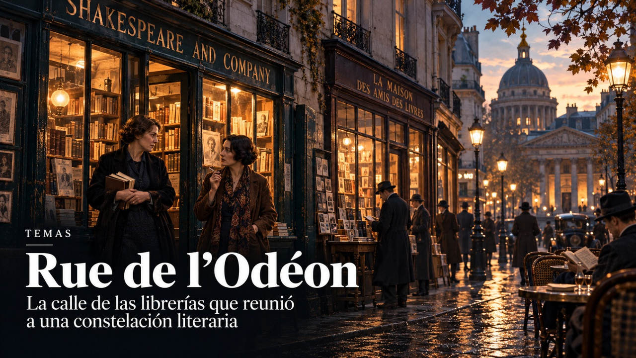 Recreación de la rue de l’Odéon con las librerías Shakespeare and Company y La Maison des Amis des Livres y título del artículo